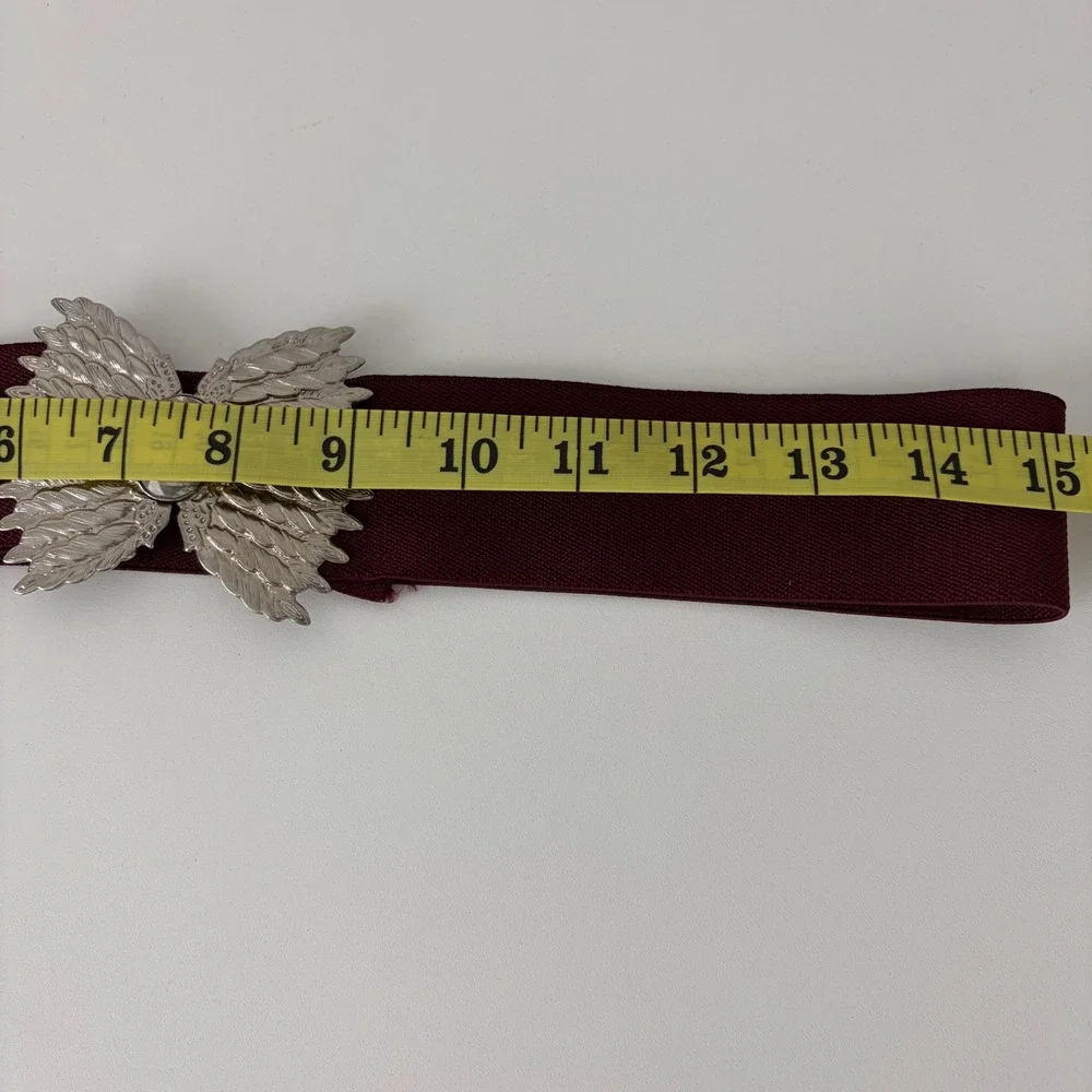 Vintage Burgundy Elastic Cinch Belt Silver Angel Wing Crystal Buckle M/L